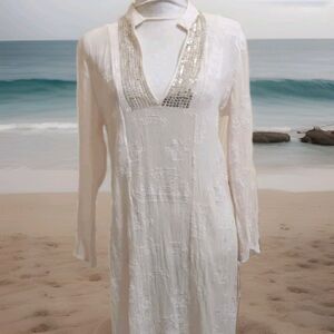 Chico's Creamy White Kimono Style Silk Tunic Dress  Asian-Inspired Sequins Sz 1